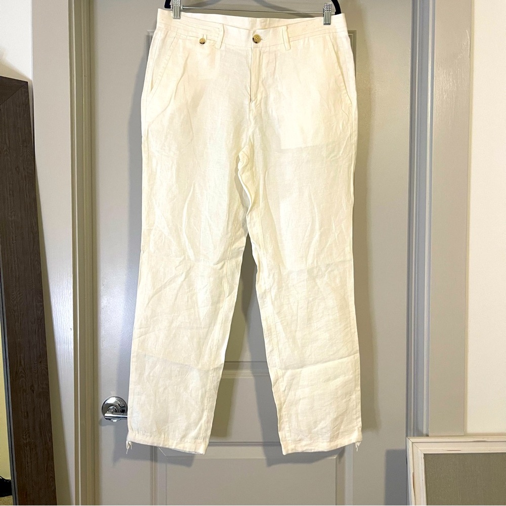 AX Armani Exchange 100% linen white pant trousers straight leg mid rise EUC